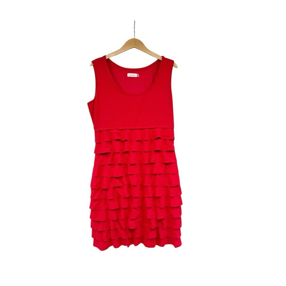 Calvin Klein Red Stretch Modest Tiered Ruffle Career Tank Dress Evening Size 12